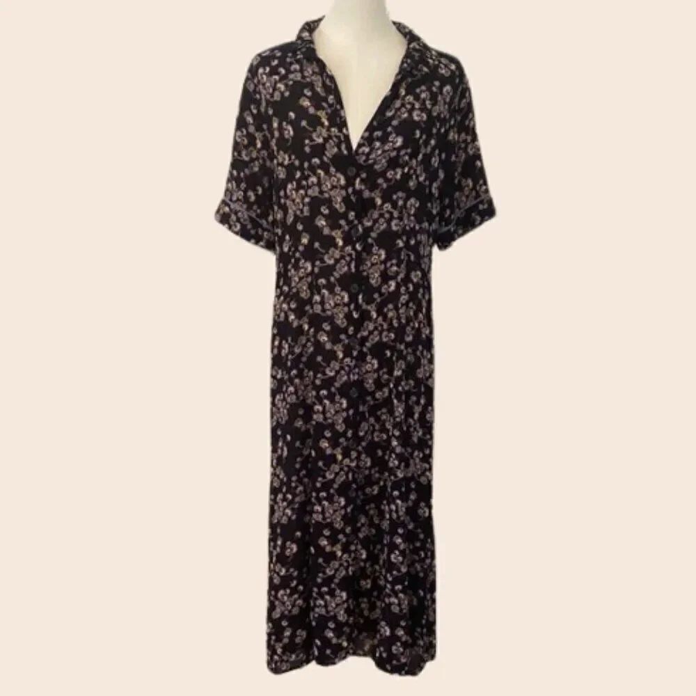 Noa Noa Navy & Lilac Floral Buttonfront Midi Shirt Dress Size 40